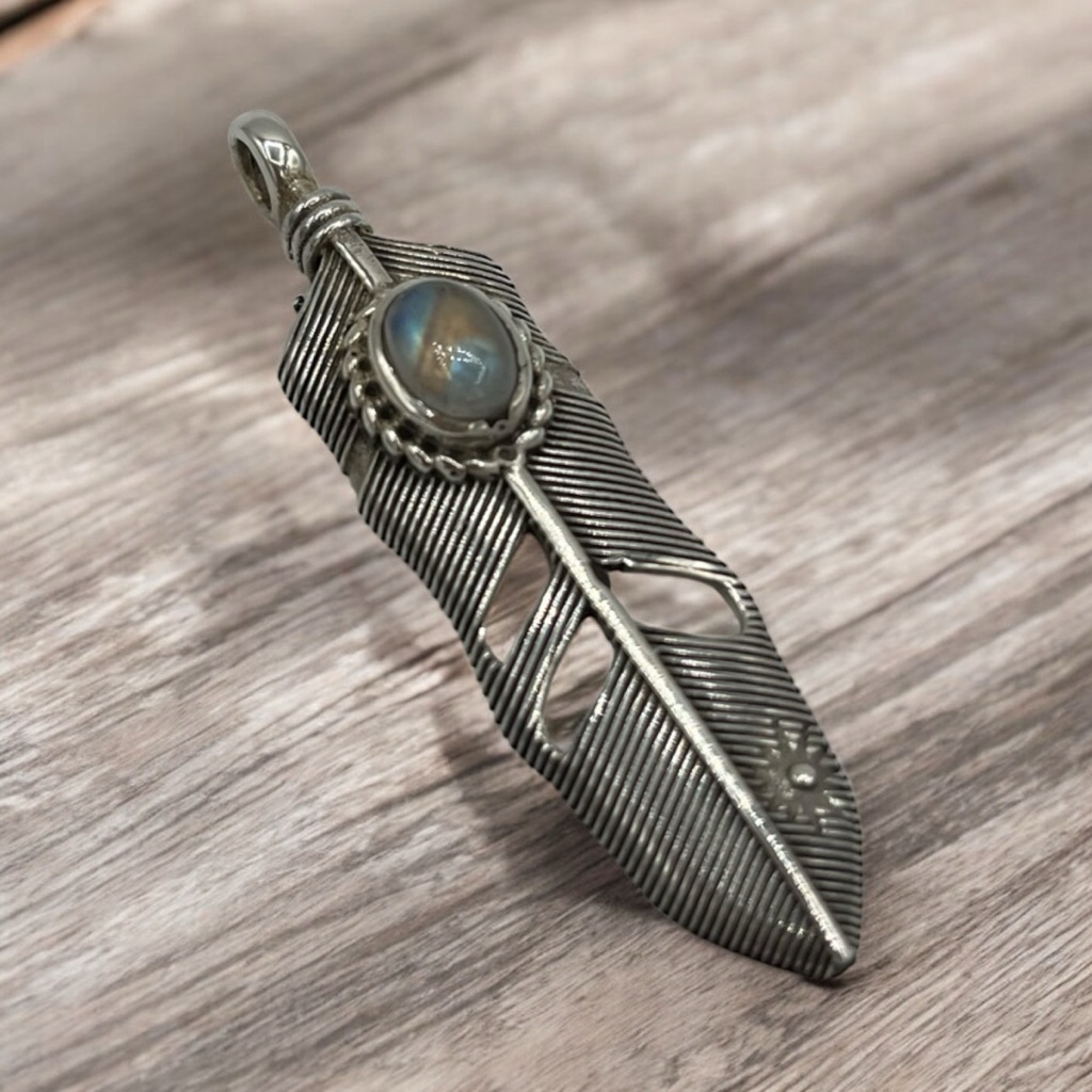 Artisan Made Sterling Silver 925 Tribal Feather Labradorite Stone Pendant 75$